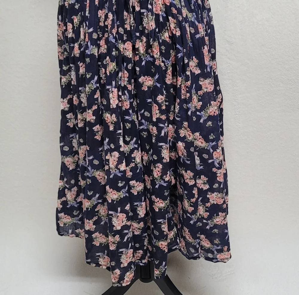 1970s Vintage Sita Blue Pink Floral Scoop Neck Tie-Waist Fit & Flare Midi Dress - Picture 11 of 12